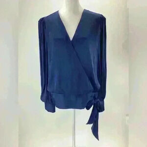 M BANANA REPUBLIC Women Navy Blue Silky Blouse with waist tie detail A90 medium